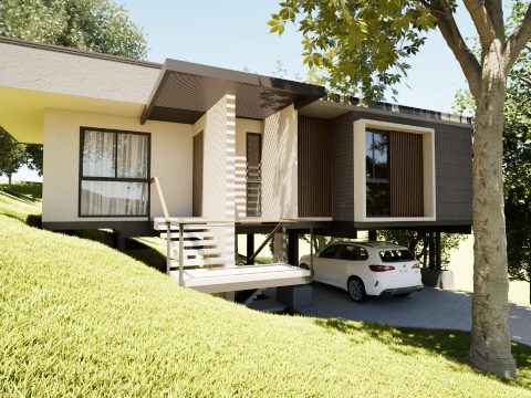 Render lateral de la casa en Villas del Café, con la escalera de acceso y la terraza